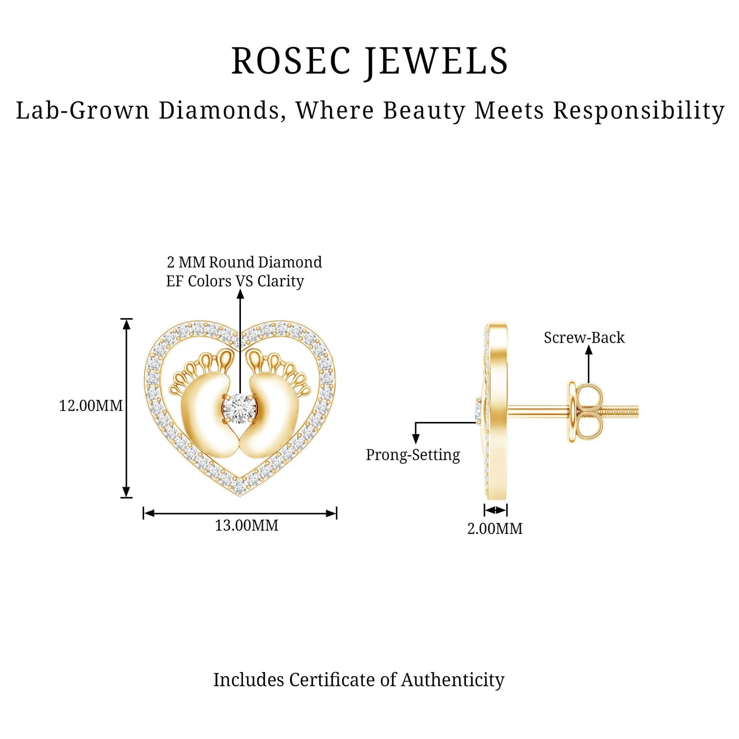 Diamond Heart Stud Earrings with Baby Feet
