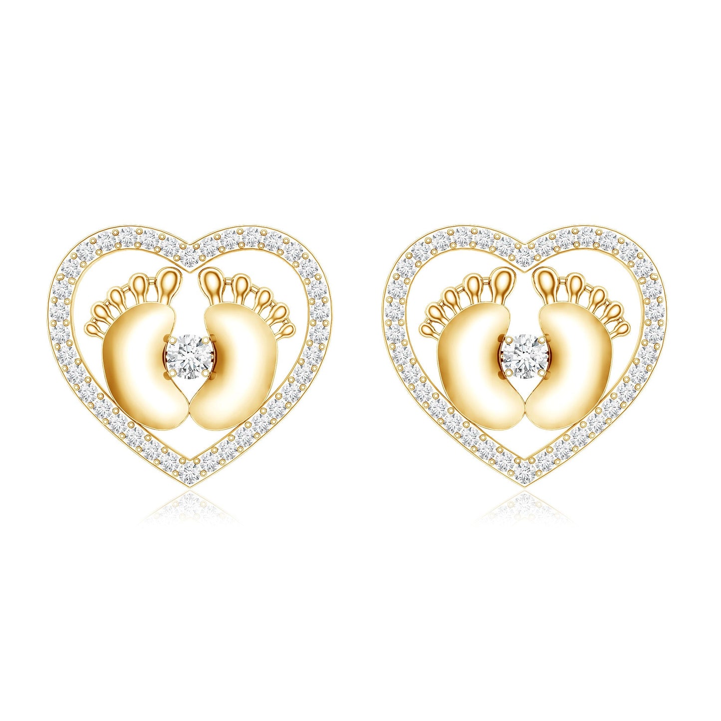 Diamond Heart Stud Earrings with Baby Feet