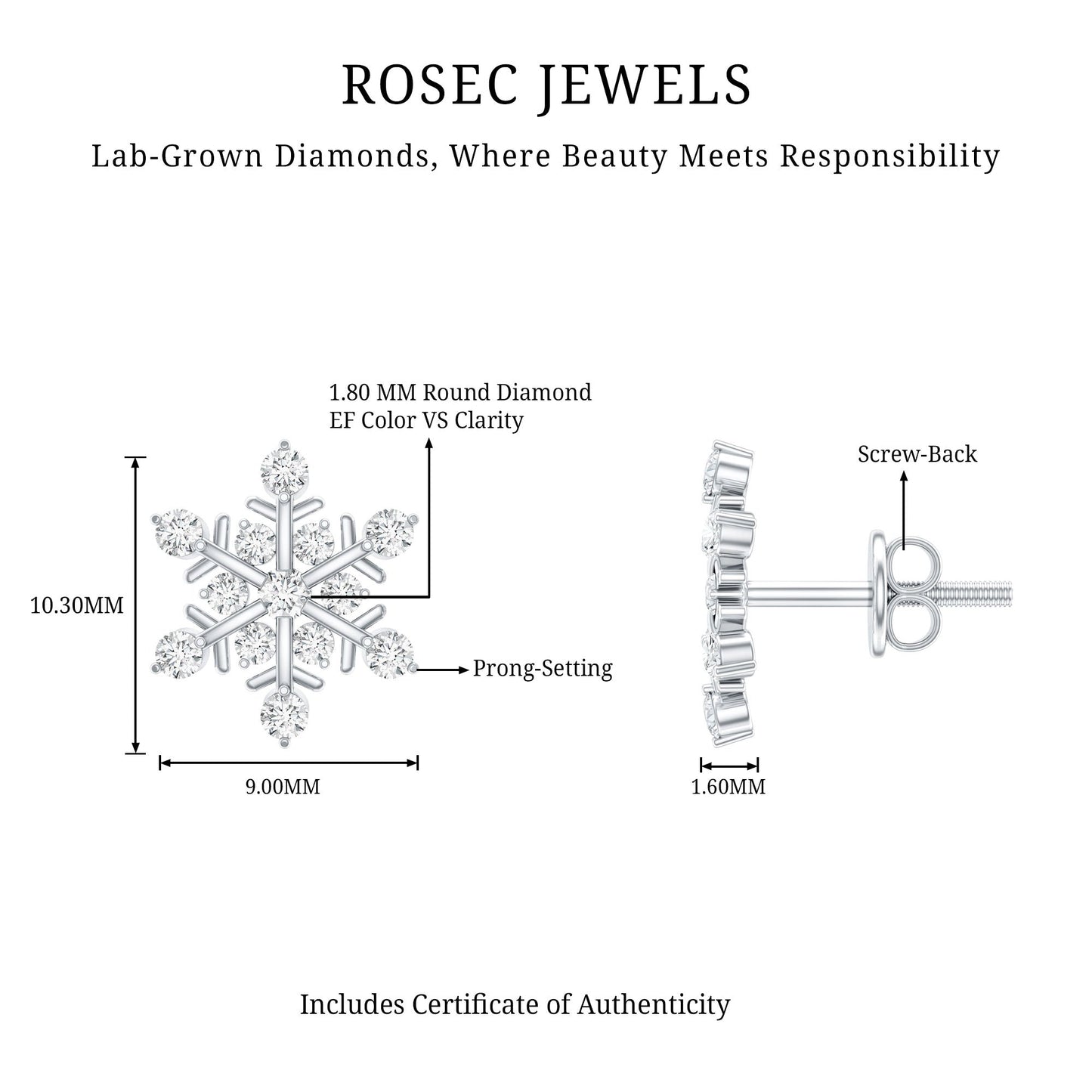 Certified Diamond Snowflake Stud Earrings with Screw Back