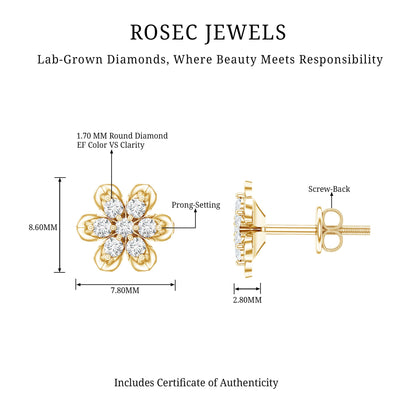 Brilliant Cut Diamond Flower Stud Earrings with Screw Back