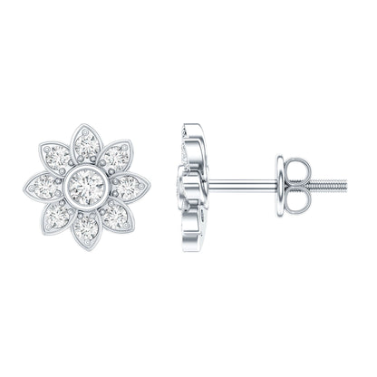 Diamond Flower Stud Earrings With Screw Back