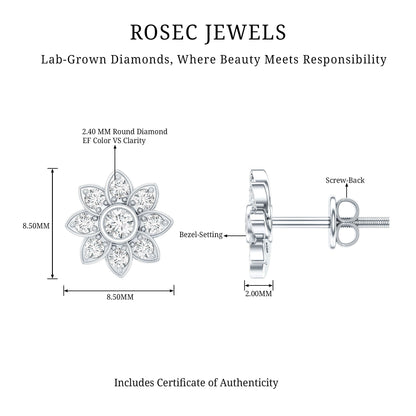 Diamond Flower Stud Earrings With Screw Back
