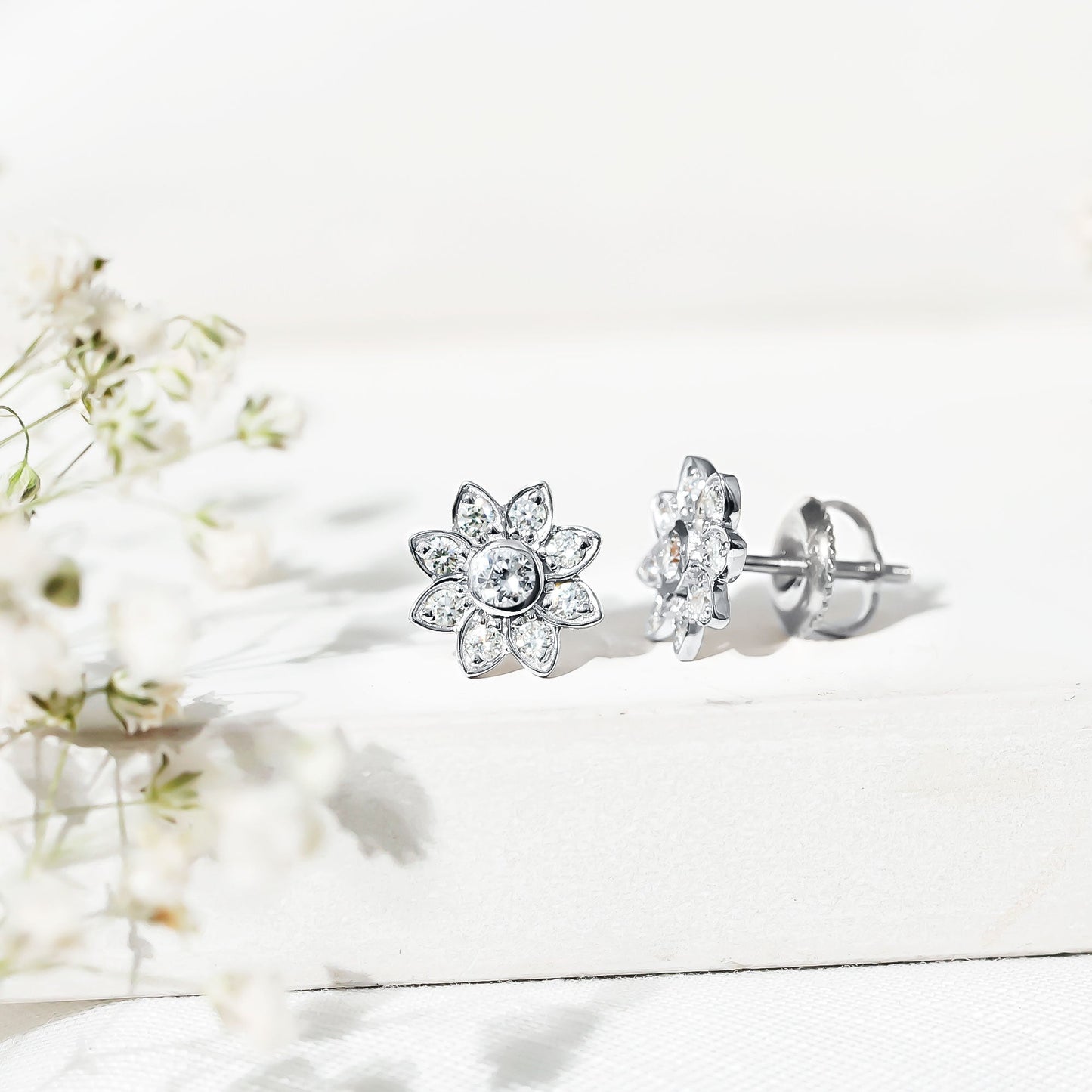 Diamond Flower Stud Earrings With Screw Back