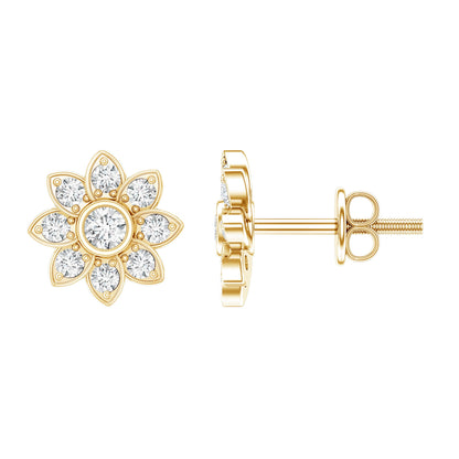 Diamond Flower Stud Earrings With Screw Back