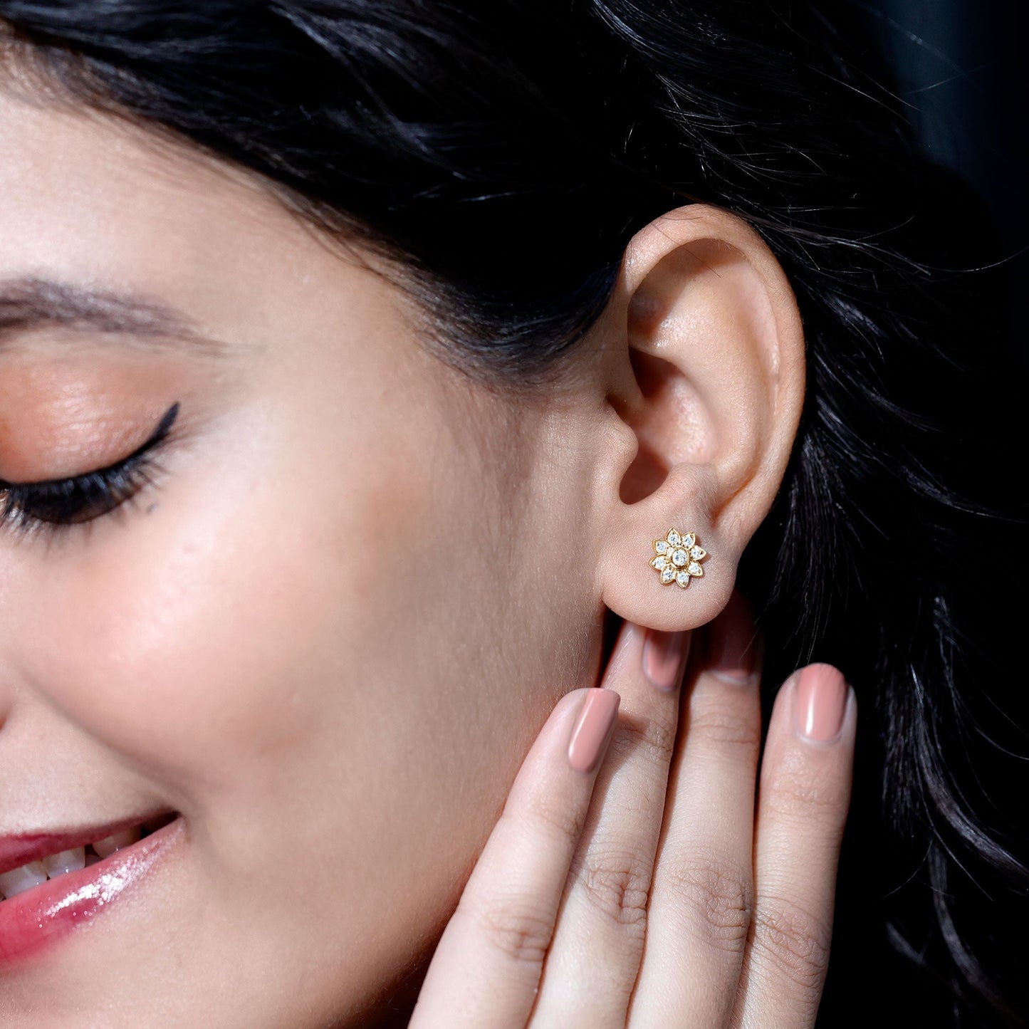 Diamond Flower Stud Earrings With Screw Back