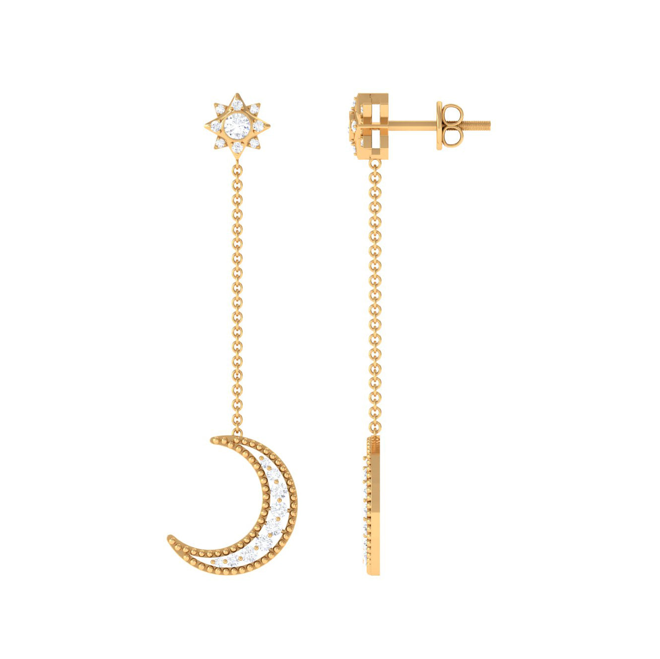 Certified Diamond Star and Moon Chain Earrings