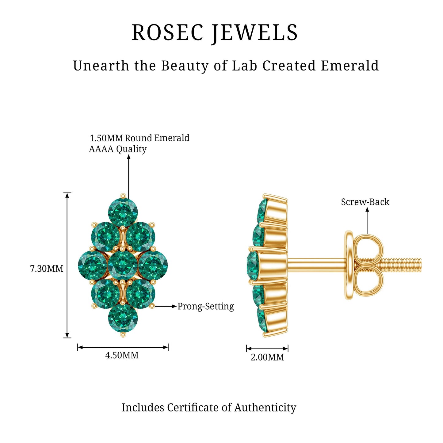 Lab Grown Emerald Stud Earrings in Yellow Gold Plated Silver