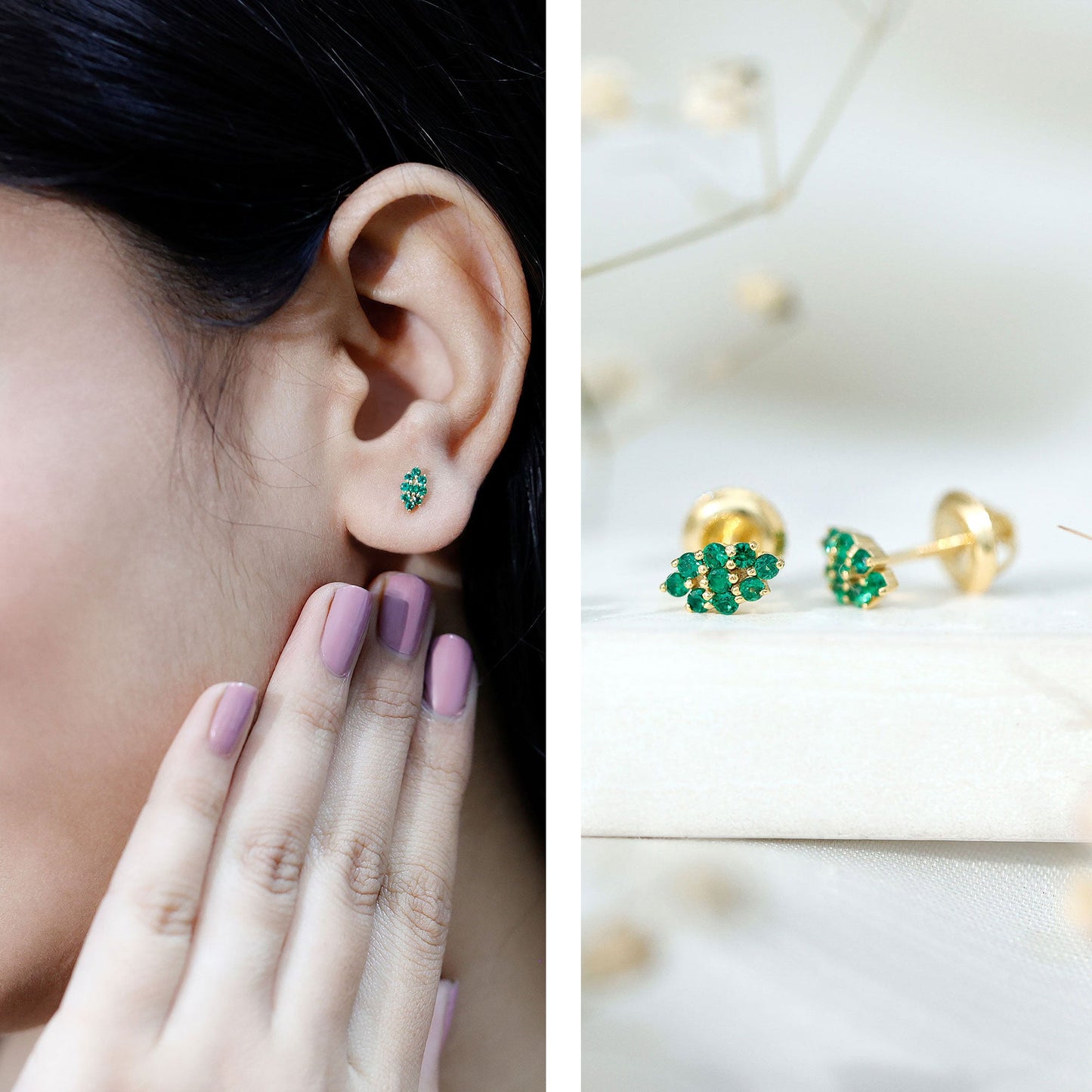 Lab Grown Emerald Stud Earrings in Yellow Gold Plated Silver