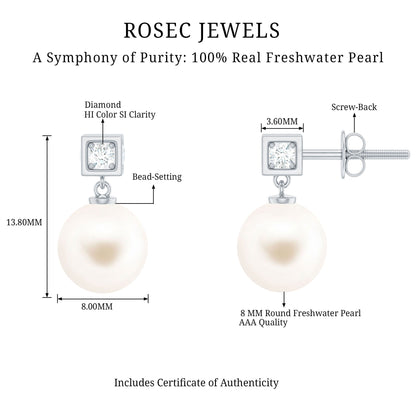Real Freshwater Pearl and Diamond Drop Earrings