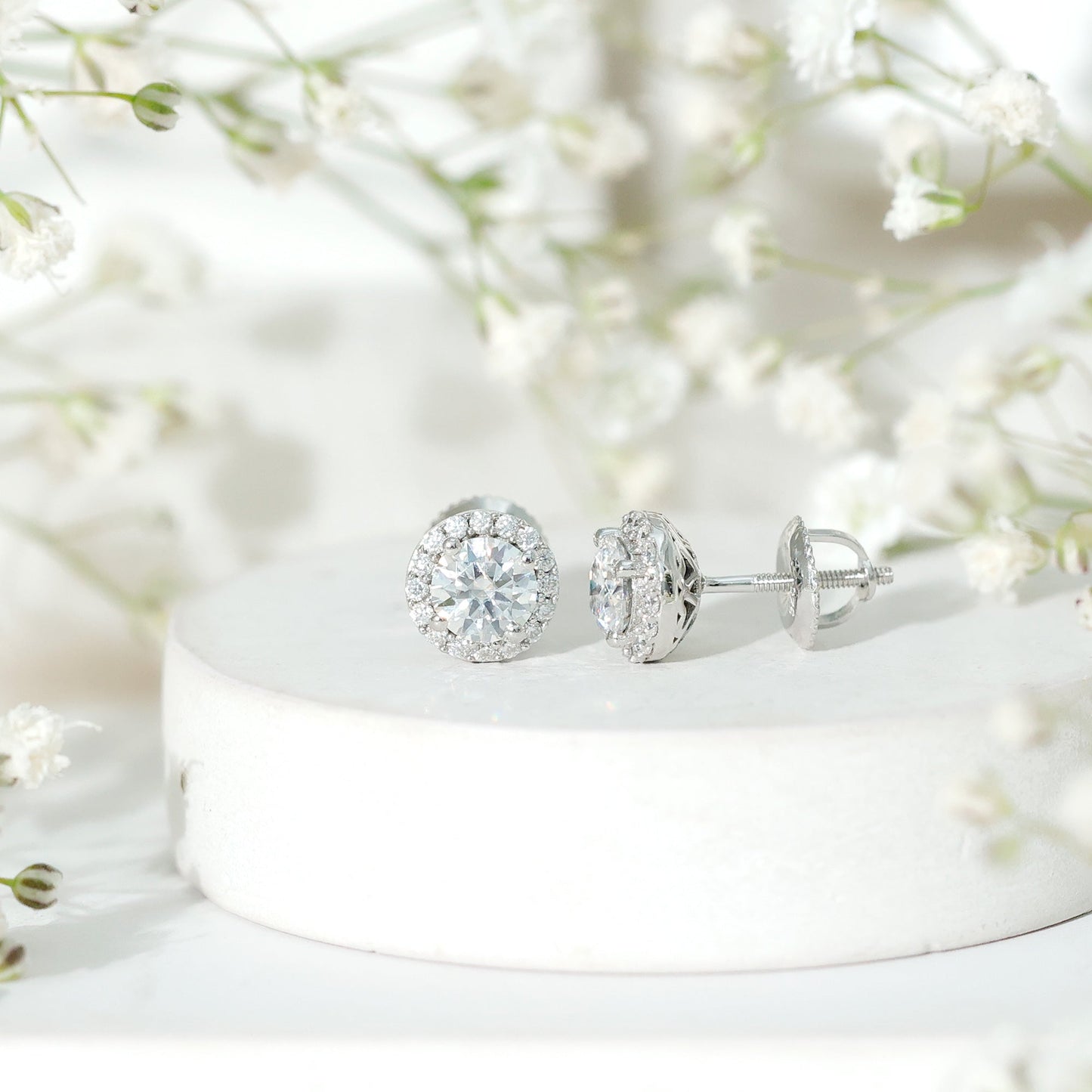 Certified 1 Carat Round Moissanite Classic Stud Earrings in Silver
