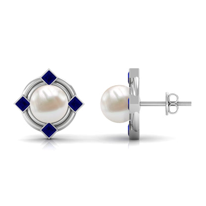 Real Freshwater Pearl and Blue Sapphire Modern Stud Earrings