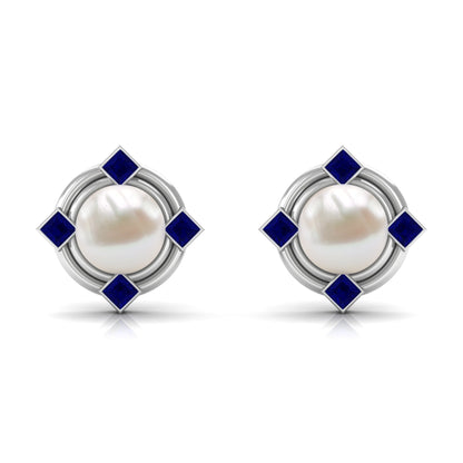 Real Freshwater Pearl and Blue Sapphire Modern Stud Earrings
