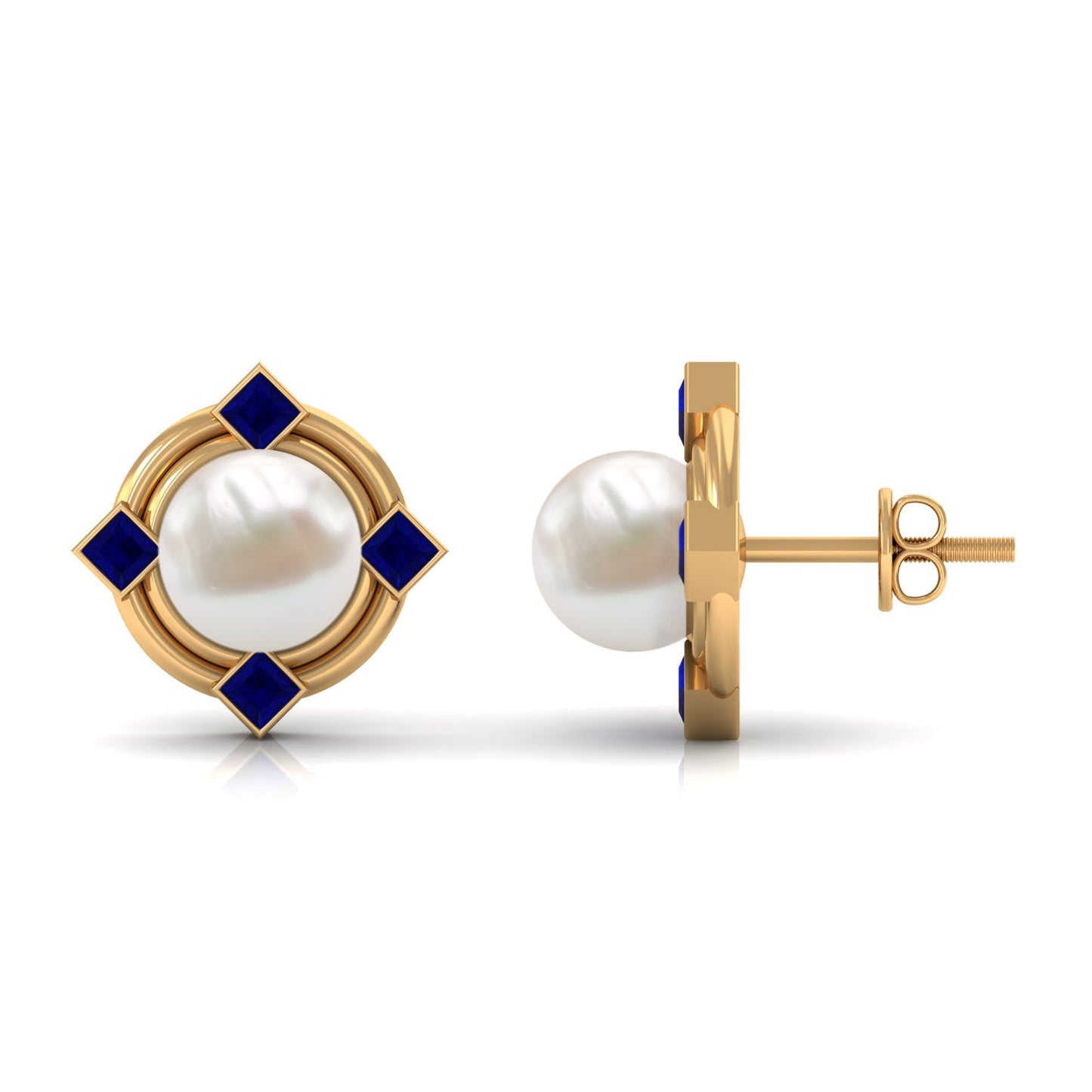Real Freshwater Pearl and Blue Sapphire Modern Stud Earrings
