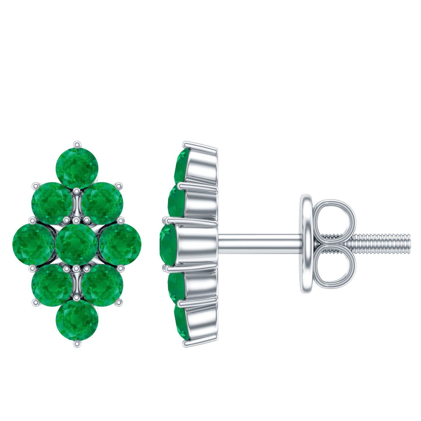 Natural Round Emerald Cluster Stud Earrings With Screw Back