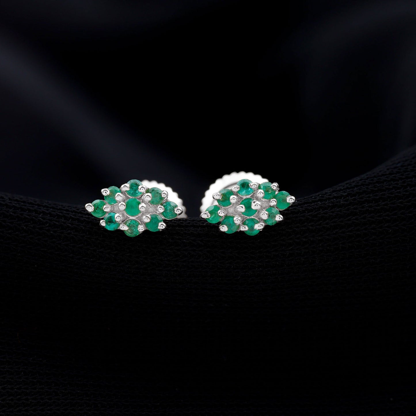 Natural Round Emerald Cluster Stud Earrings With Screw Back