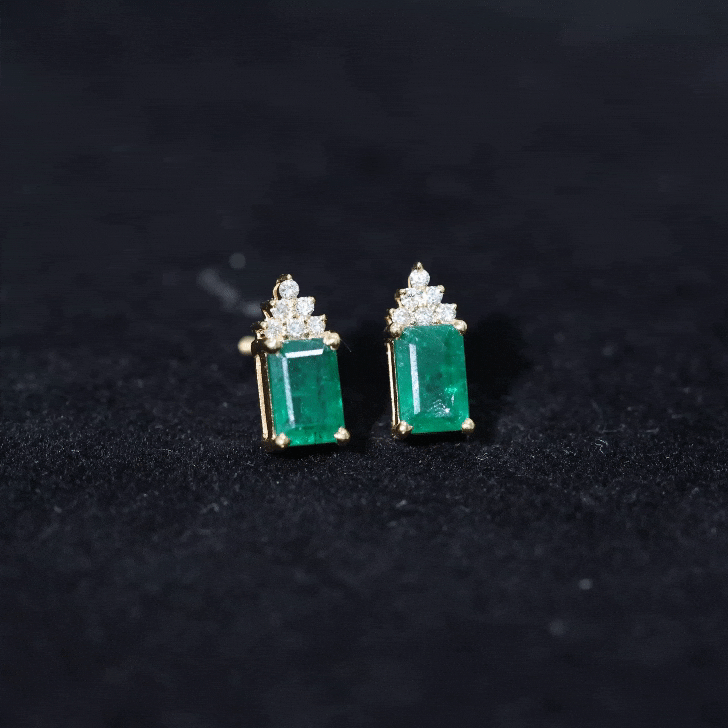 Genuine 1.32 Carat Emerald Cut Emerald Stud Earrings with Diamond Cluster