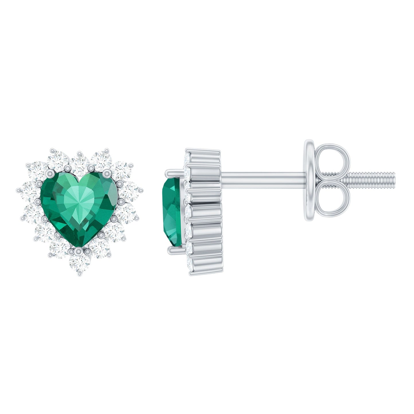 Heart Shaped Lab Created Emerald and Diamond Halo Stud Earrings