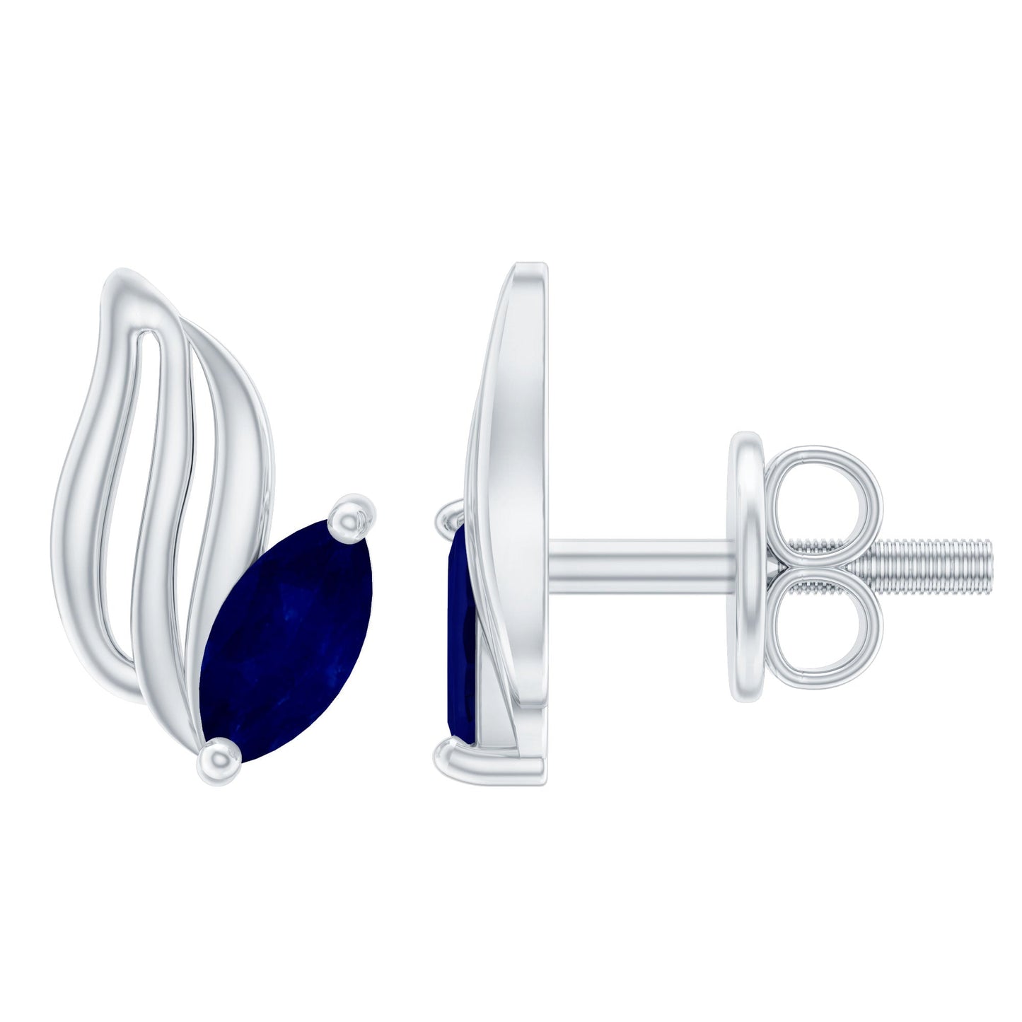 Genuine Marquise Cut Blue Sapphire Leaf Stud Earrings in Silver