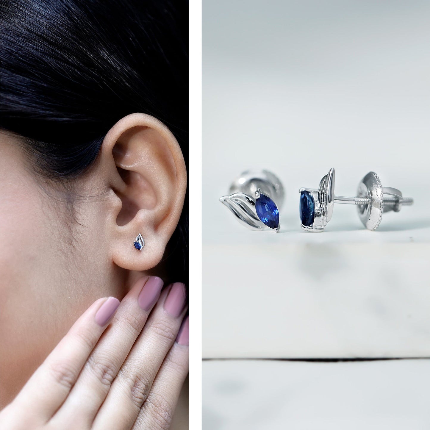 Genuine Marquise Cut Blue Sapphire Leaf Stud Earrings in Silver