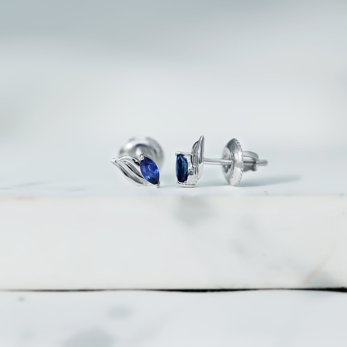 Genuine Marquise Cut Blue Sapphire Leaf Stud Earrings in Silver