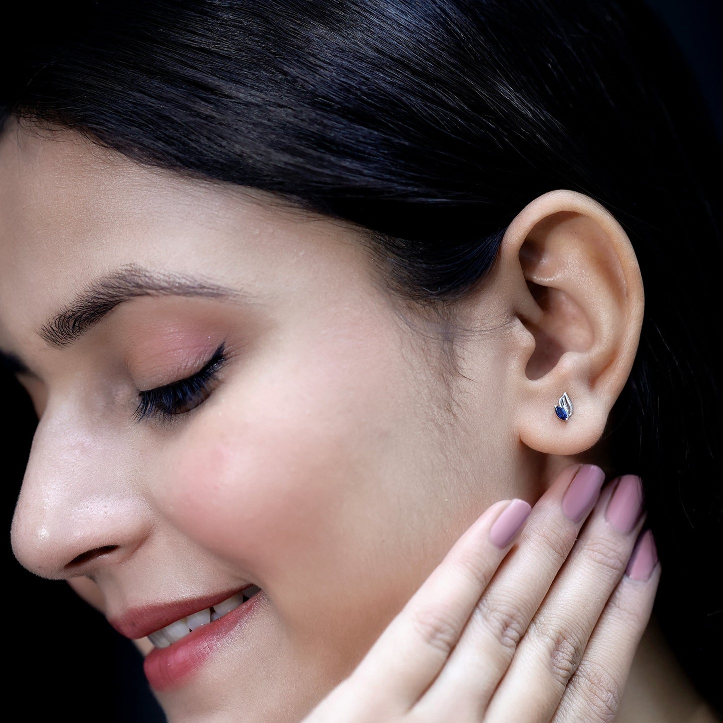 Genuine Marquise Cut Blue Sapphire Leaf Stud Earrings in Silver