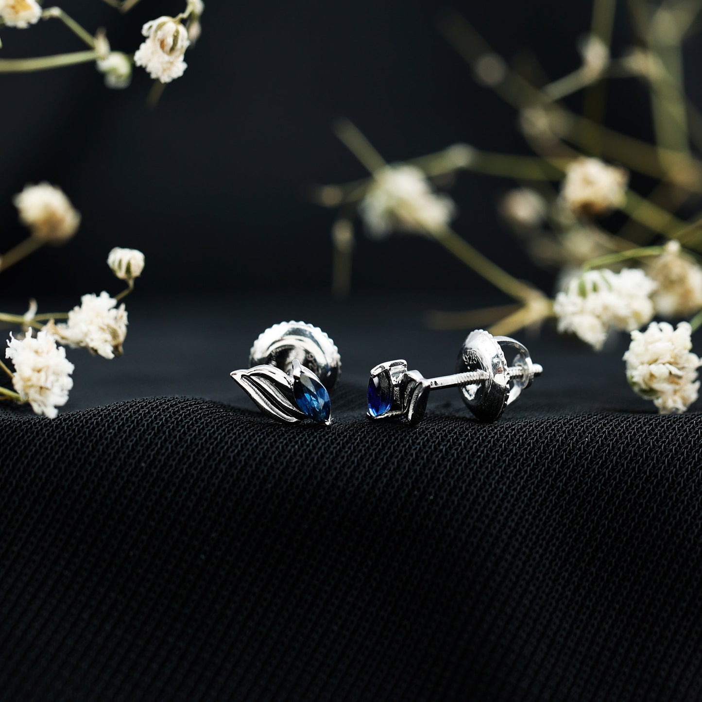 Genuine Marquise Cut Blue Sapphire Leaf Stud Earrings in Silver