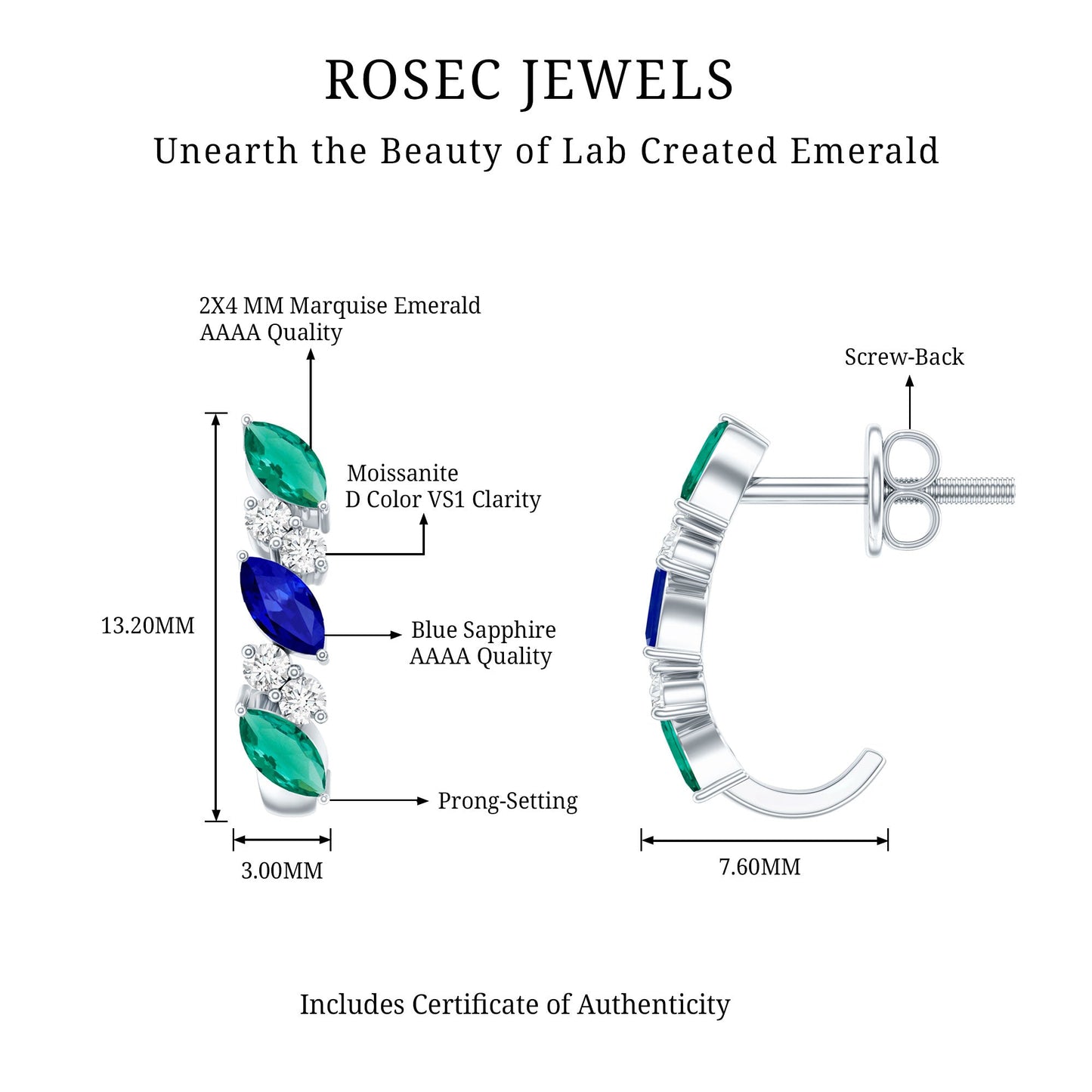 Marquise Cut Lab Created Blue Sapphire and Emerald Hoop Earrings with Moissanite