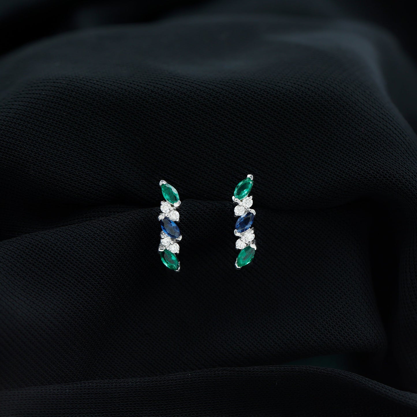 Marquise Cut Lab Created Blue Sapphire and Emerald Hoop Earrings with Moissanite