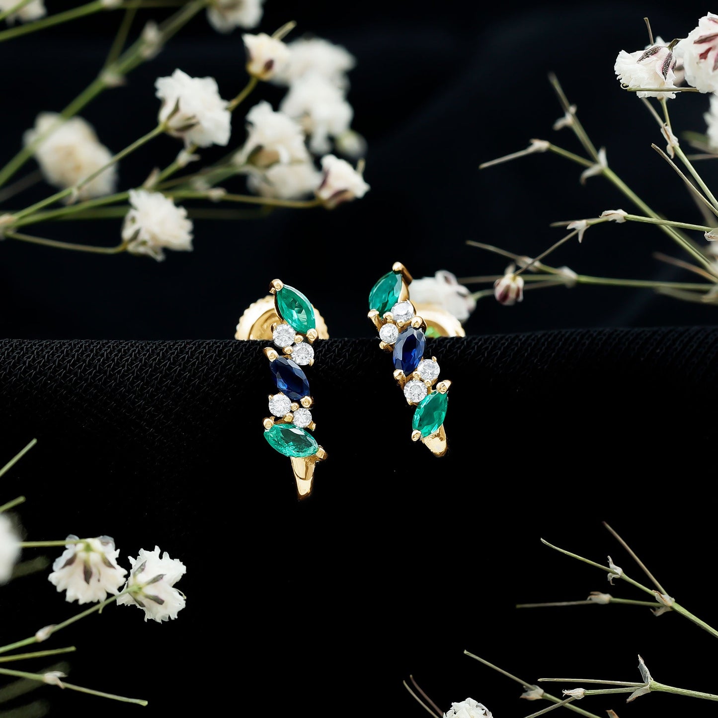Marquise Cut Lab Created Blue Sapphire and Emerald Hoop Earrings with Moissanite