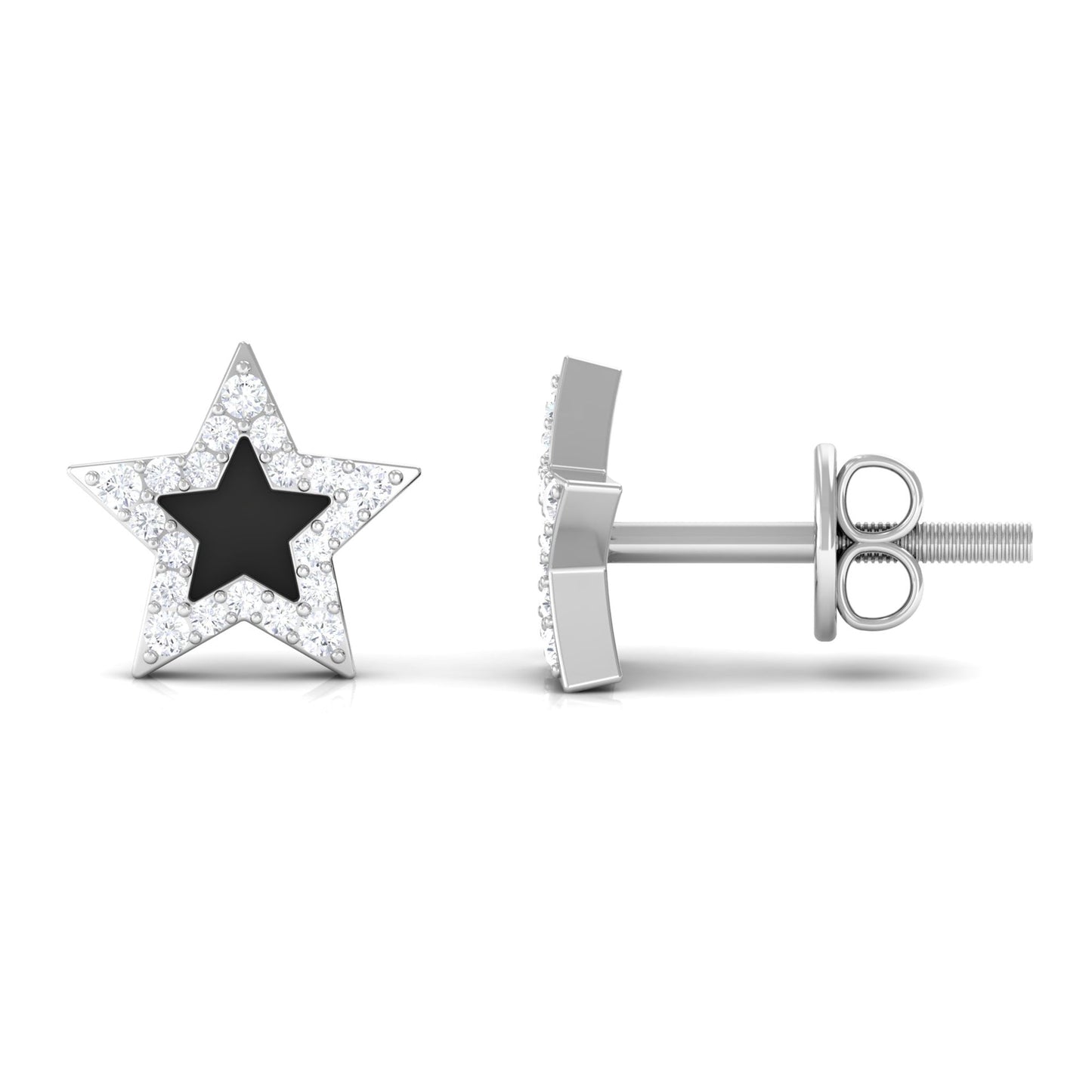 Natural Diamond Star Earrings with Black Enamel