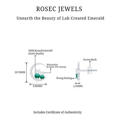 Lab Created Emerald Cat and Moon Stud Earrings