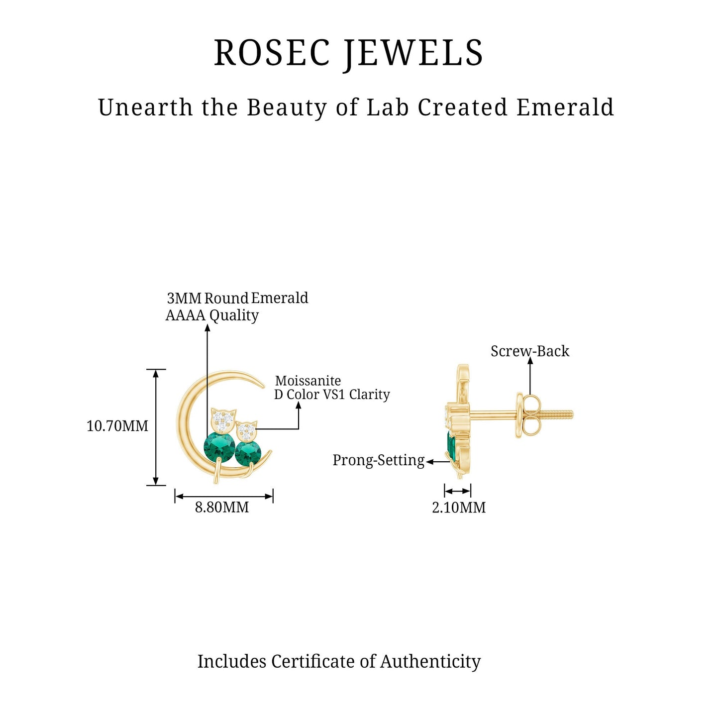 Lab Created Emerald Cat and Moon Stud Earrings