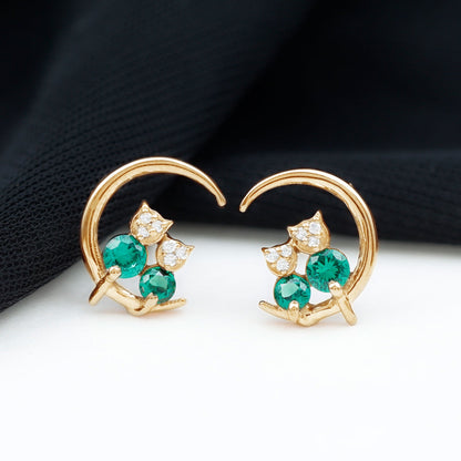 Lab Created Emerald Cat and Moon Stud Earrings