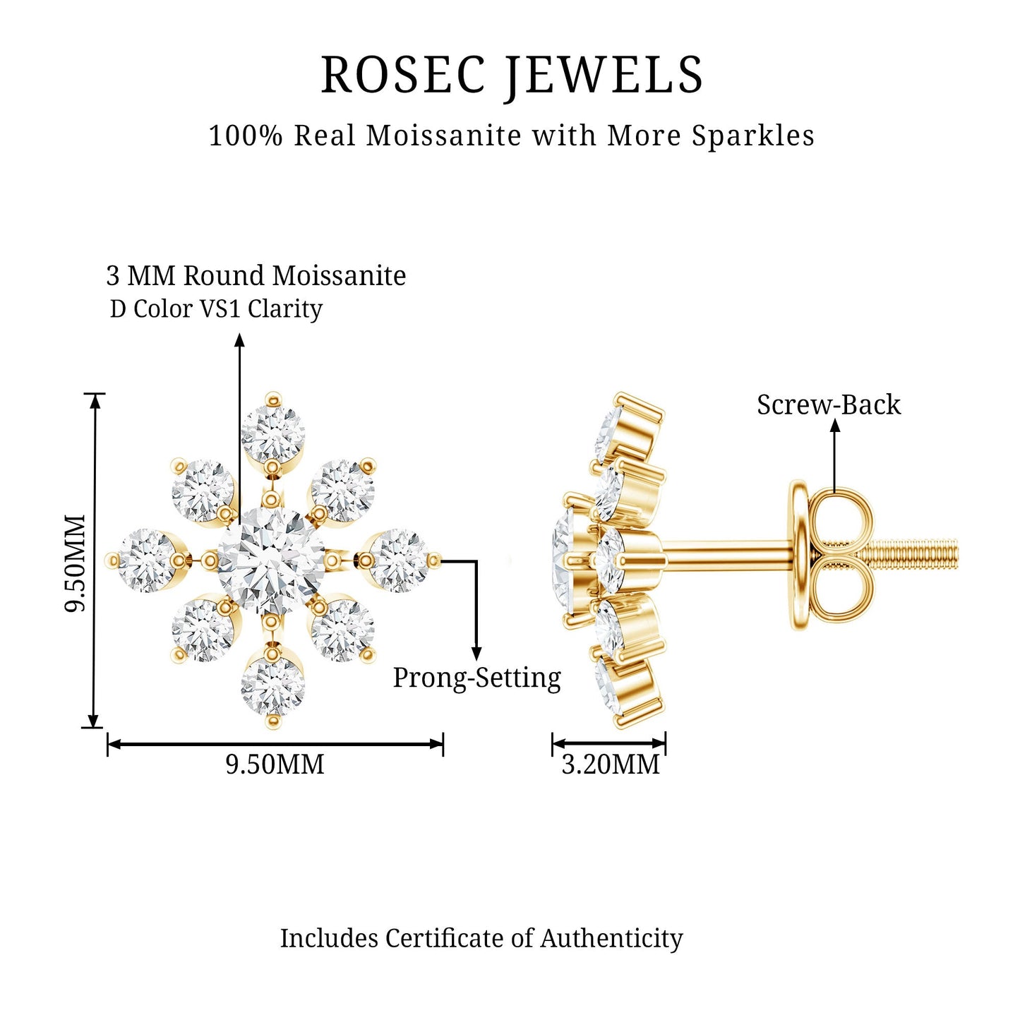 Certified Moissanite Floral Stud Earrings for Women