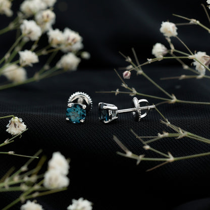 Genuine London Blue Topaz Solitaire Stud Earrings in Prong Setting