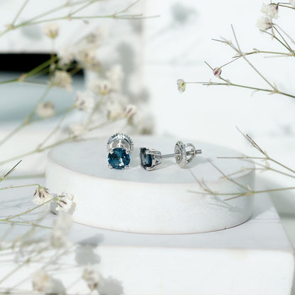 Genuine London Blue Topaz Solitaire Stud Earrings in Prong Setting