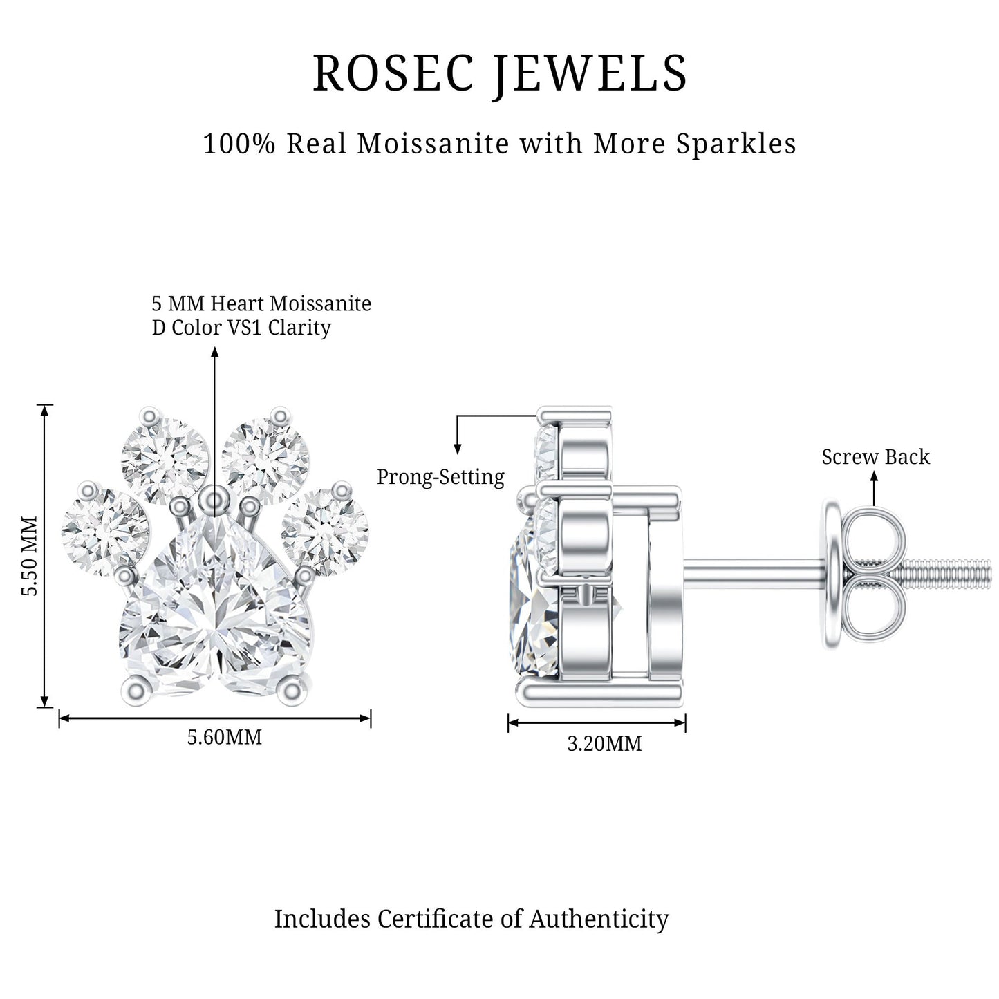 Heart and Round Shape Moissanite Paw Stud Earrings
