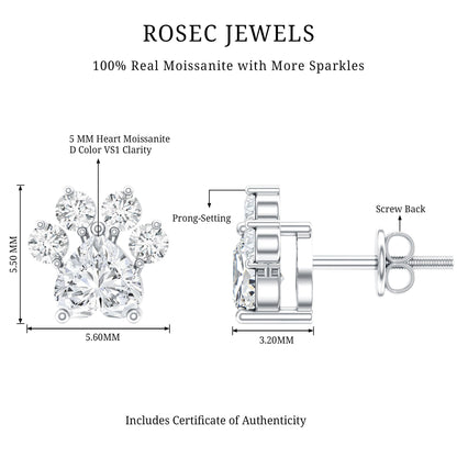 Heart and Round Shape Moissanite Paw Stud Earrings
