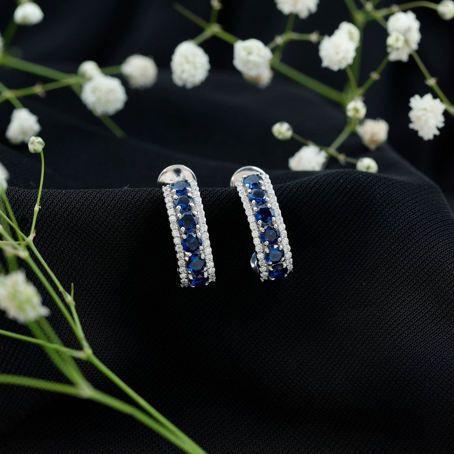 Certified Lab Created Blue Sapphire Hoop Earrings With Diamond