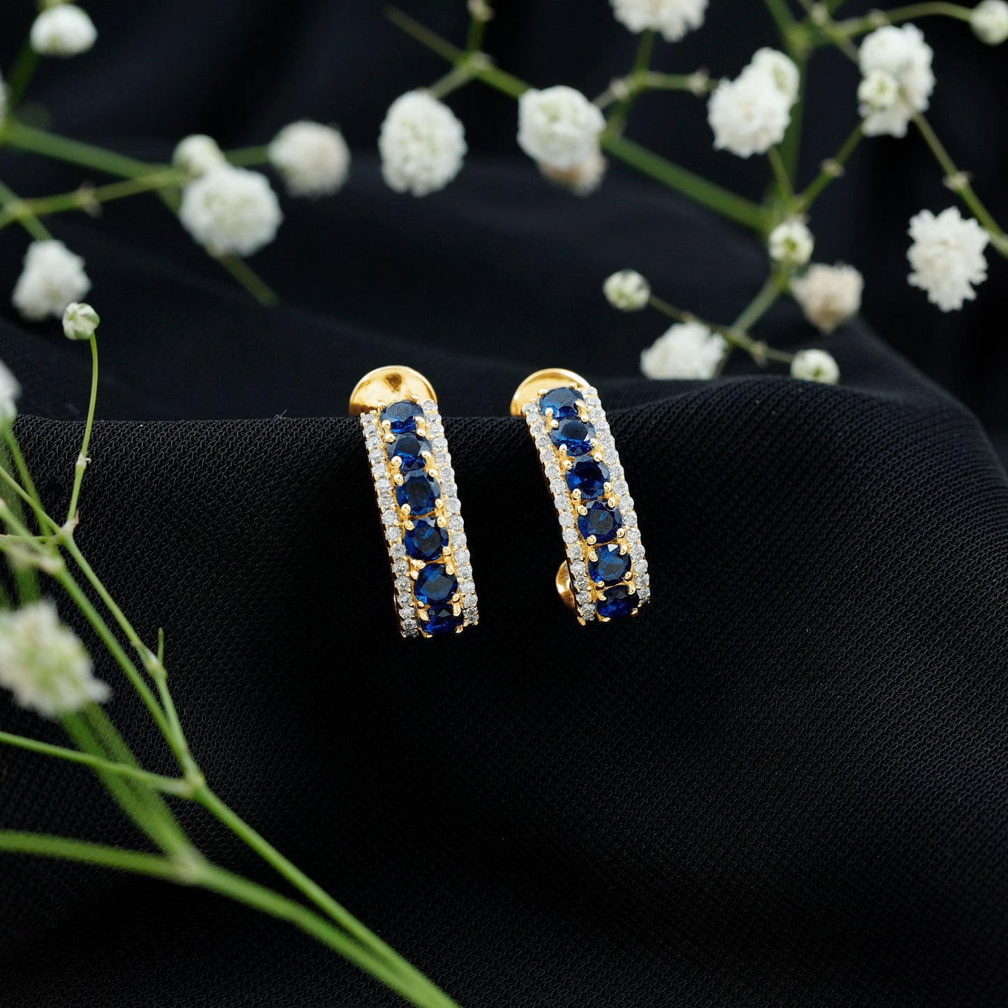 Certified Lab Created Blue Sapphire Hoop Earrings With Diamond