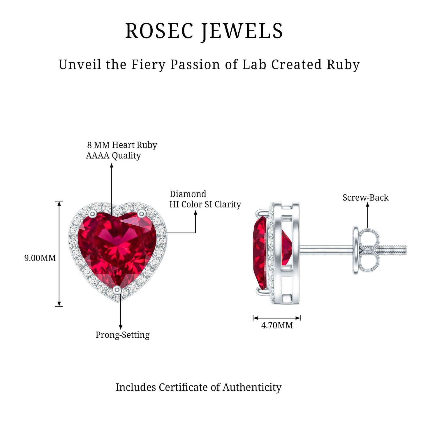 4 Carat Heart Shape Created Ruby Halo Stud Earrings with Diamond