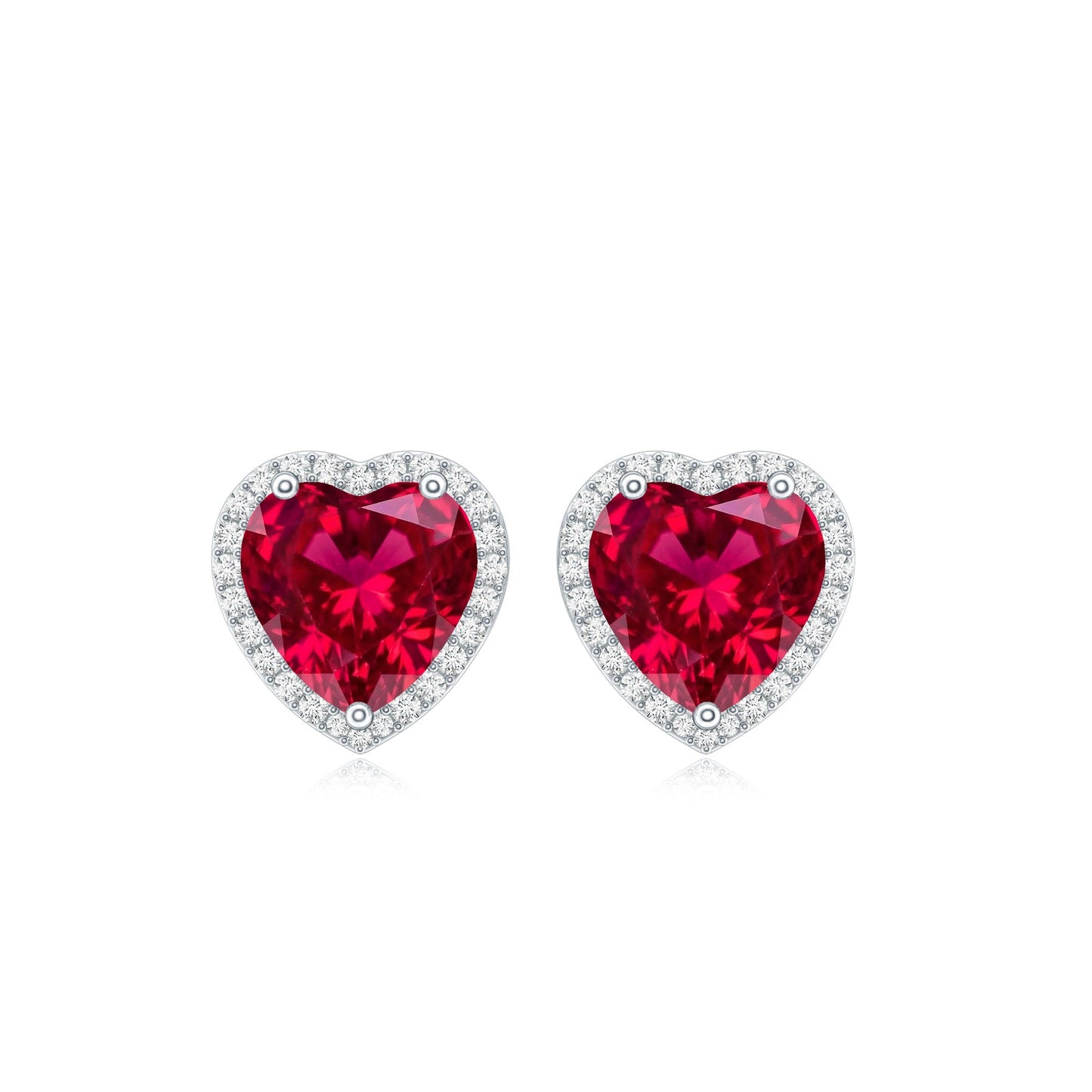 4 Carat Heart Shape Created Ruby Halo Stud Earrings with Diamond