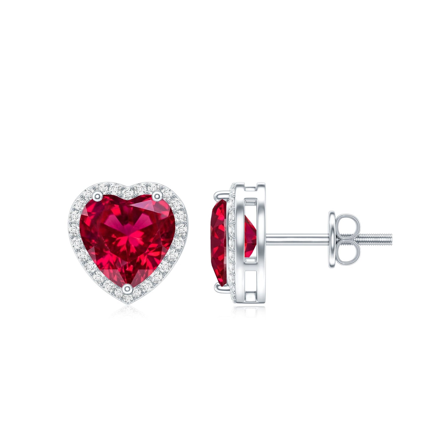 4 Carat Heart Shape Created Ruby Halo Stud Earrings with Diamond