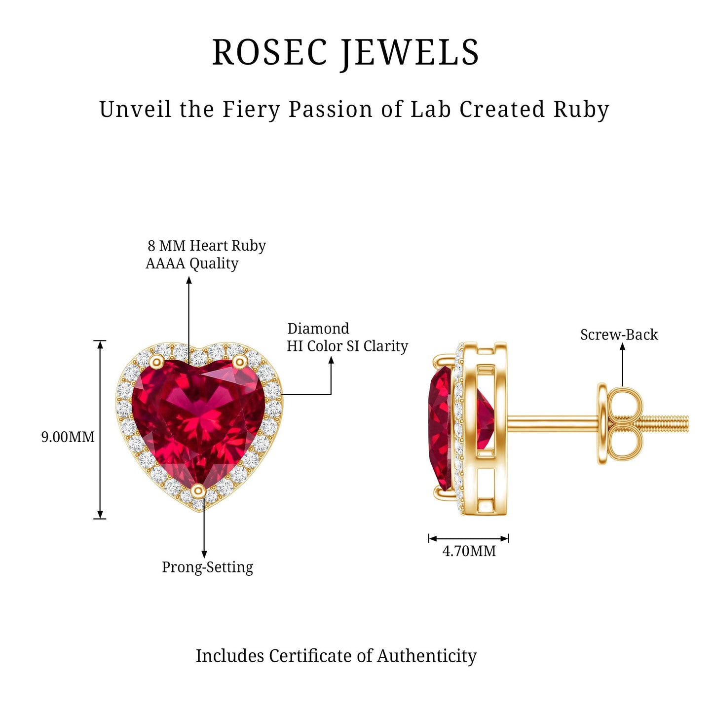 4 Carat Heart Shape Created Ruby Halo Stud Earrings with Diamond