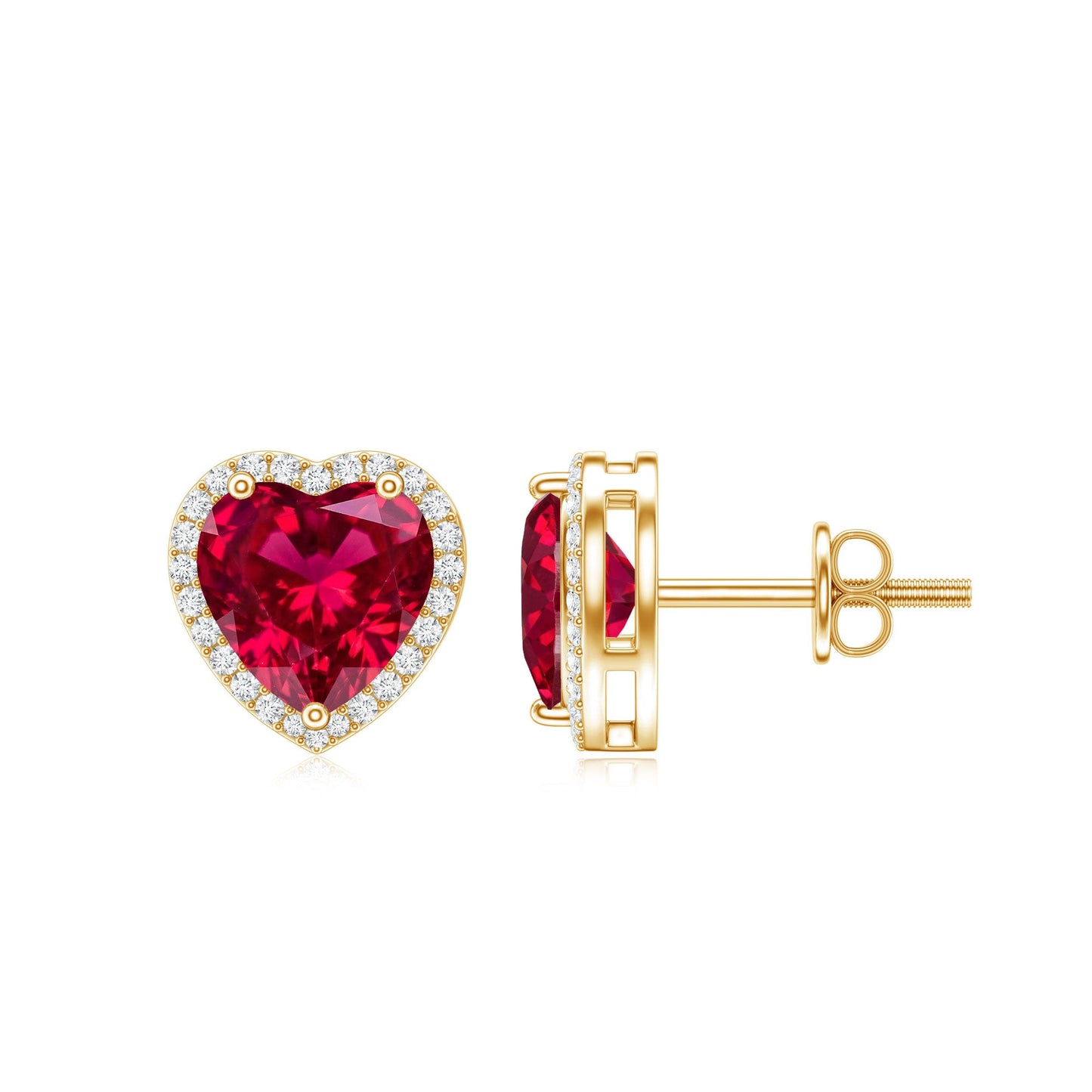 4 Carat Heart Shape Created Ruby Halo Stud Earrings with Diamond