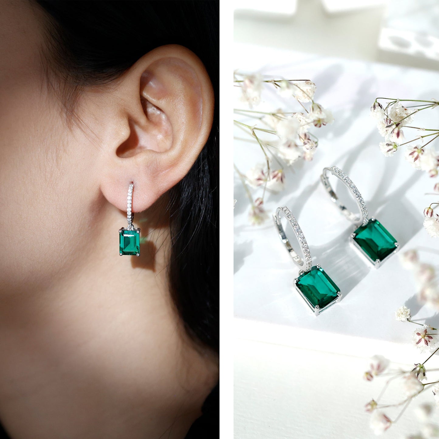 Certified Lab Created Emerald Hoop Drop Earrings For Women