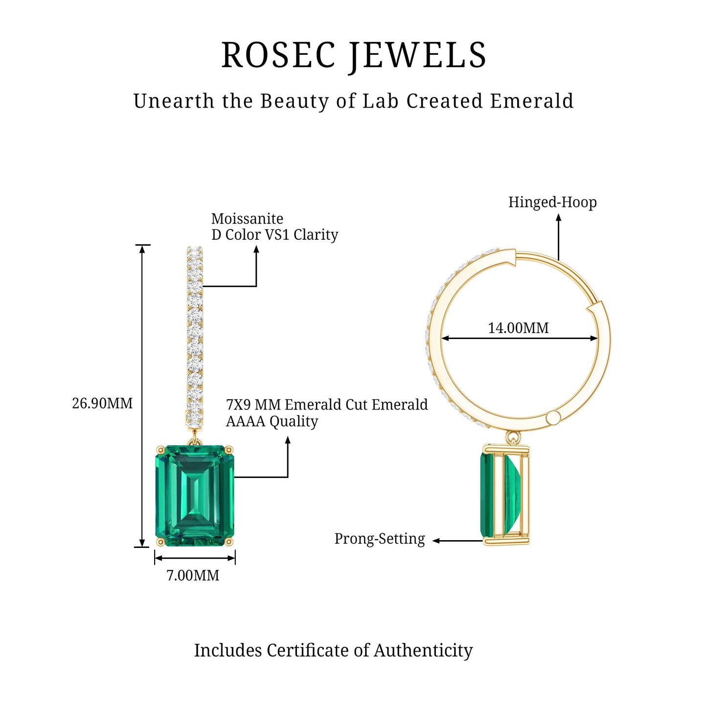 Certified Lab Created Emerald Hoop Drop Earrings For Women