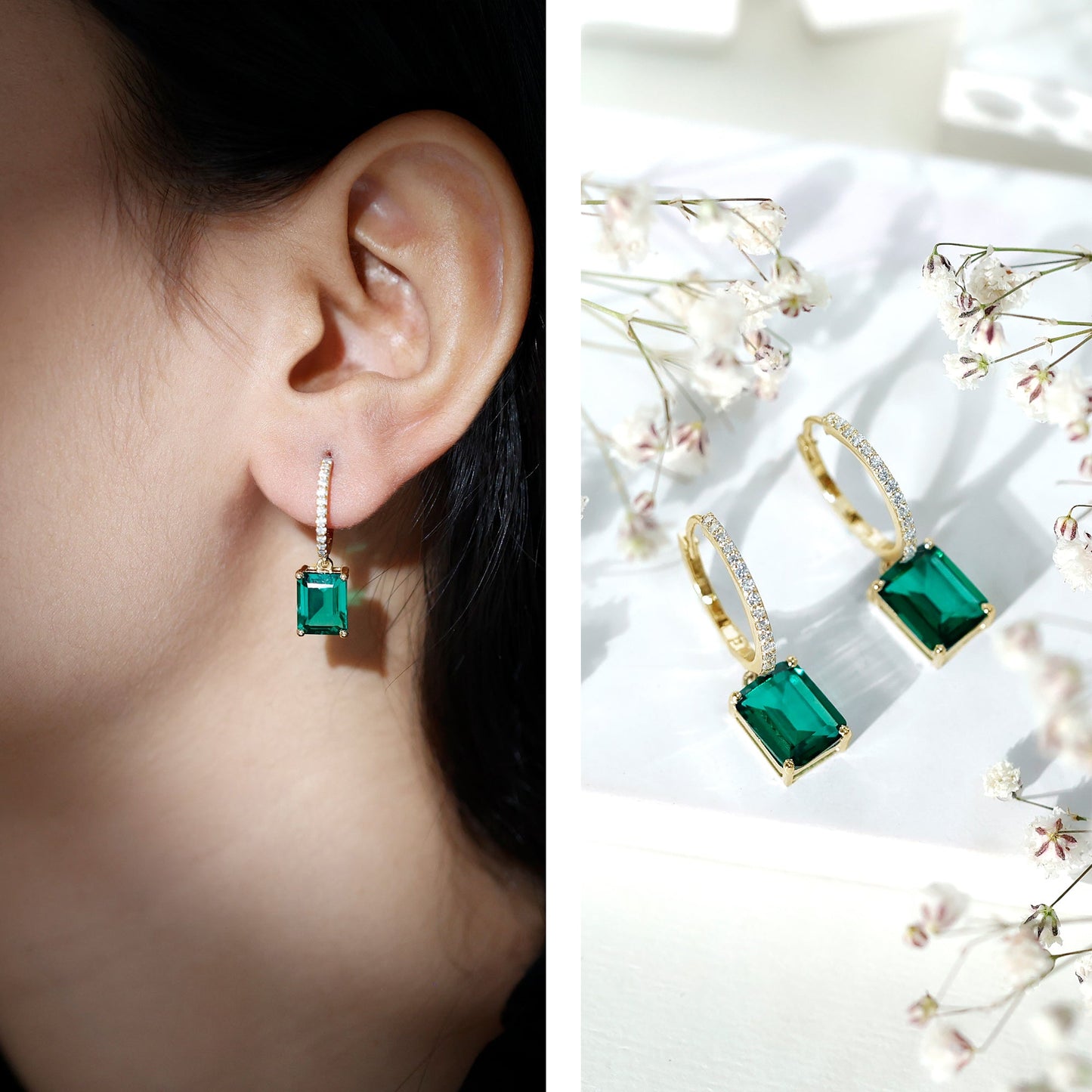 Certified Lab Created Emerald Hoop Drop Earrings For Women