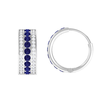 Lab Created Blue Sapphire and Diamond Hoop Earrings For Her