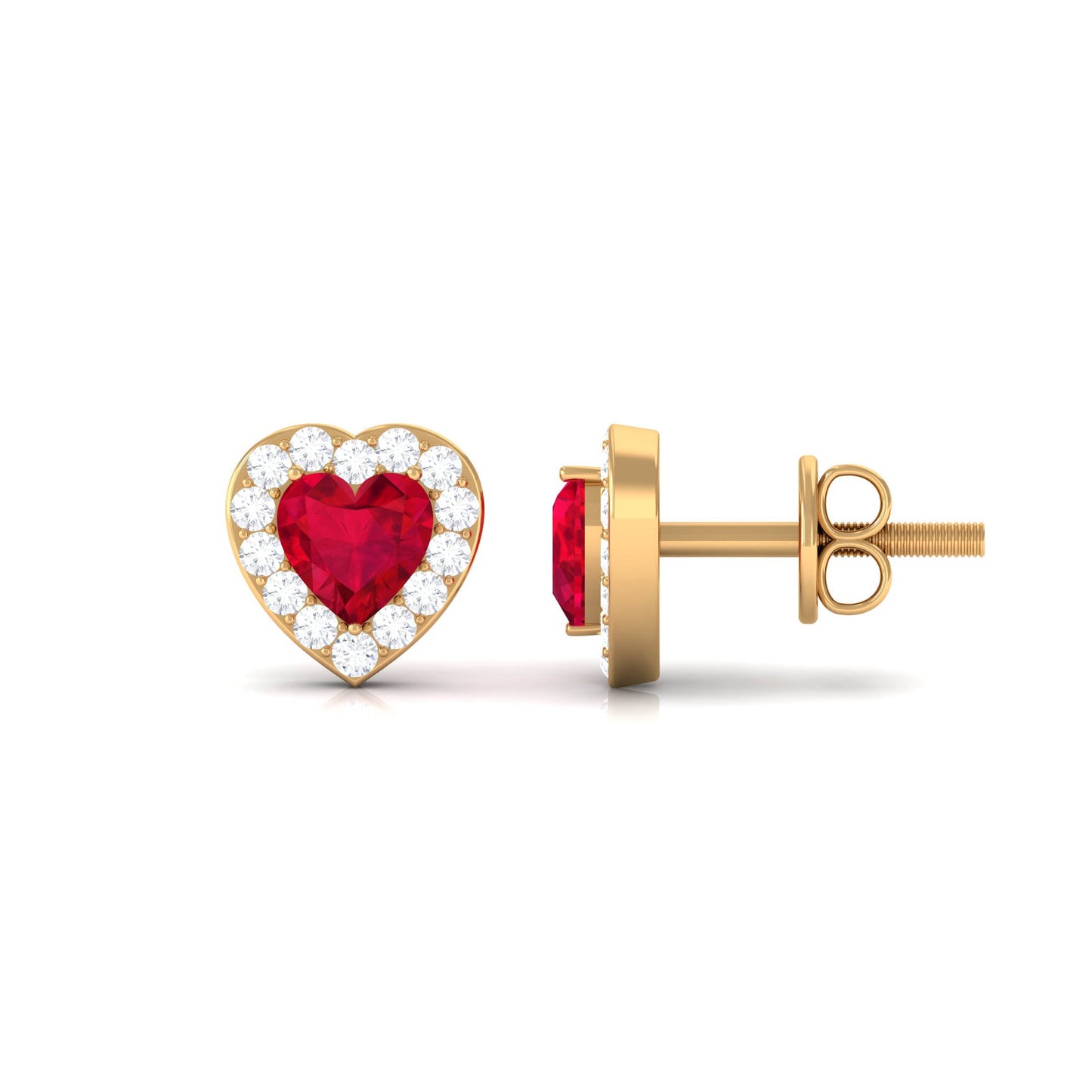 Heart Shape Lab Grown Ruby Halo Stud Earrings with Diamond